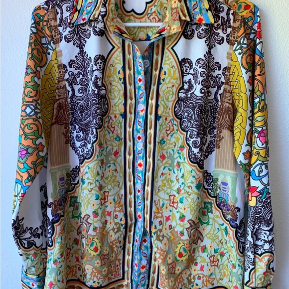 Vipavadee Multi Color Shirt Womens Size S Button Front Bohemian Artsy Cotton - Picture 3 of 8